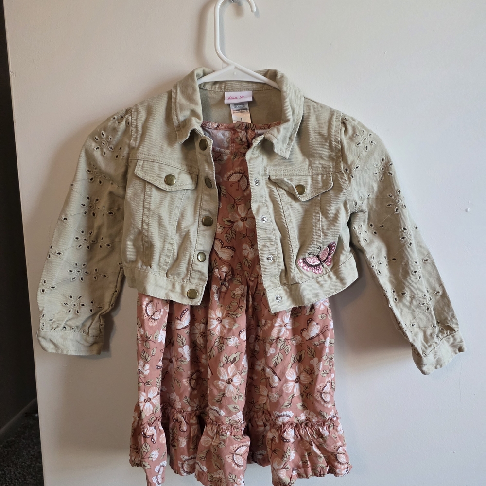 Little Lass Beige Jacket with Pink Floral Dress